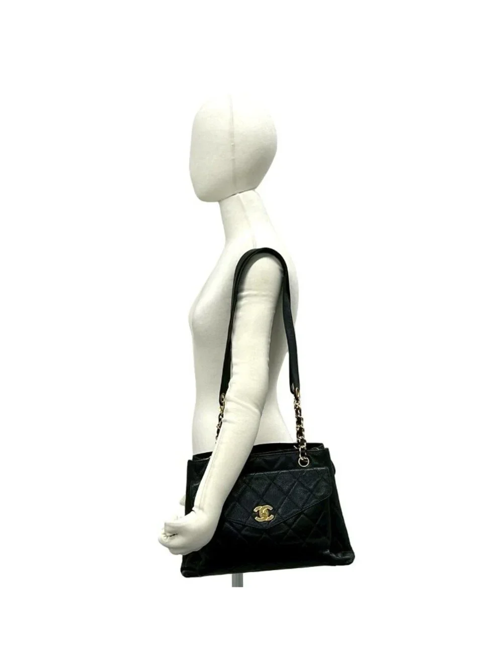 Chanel Vintage Quilted CC Logo Caviar Leather Shoulder Bag Tote Black